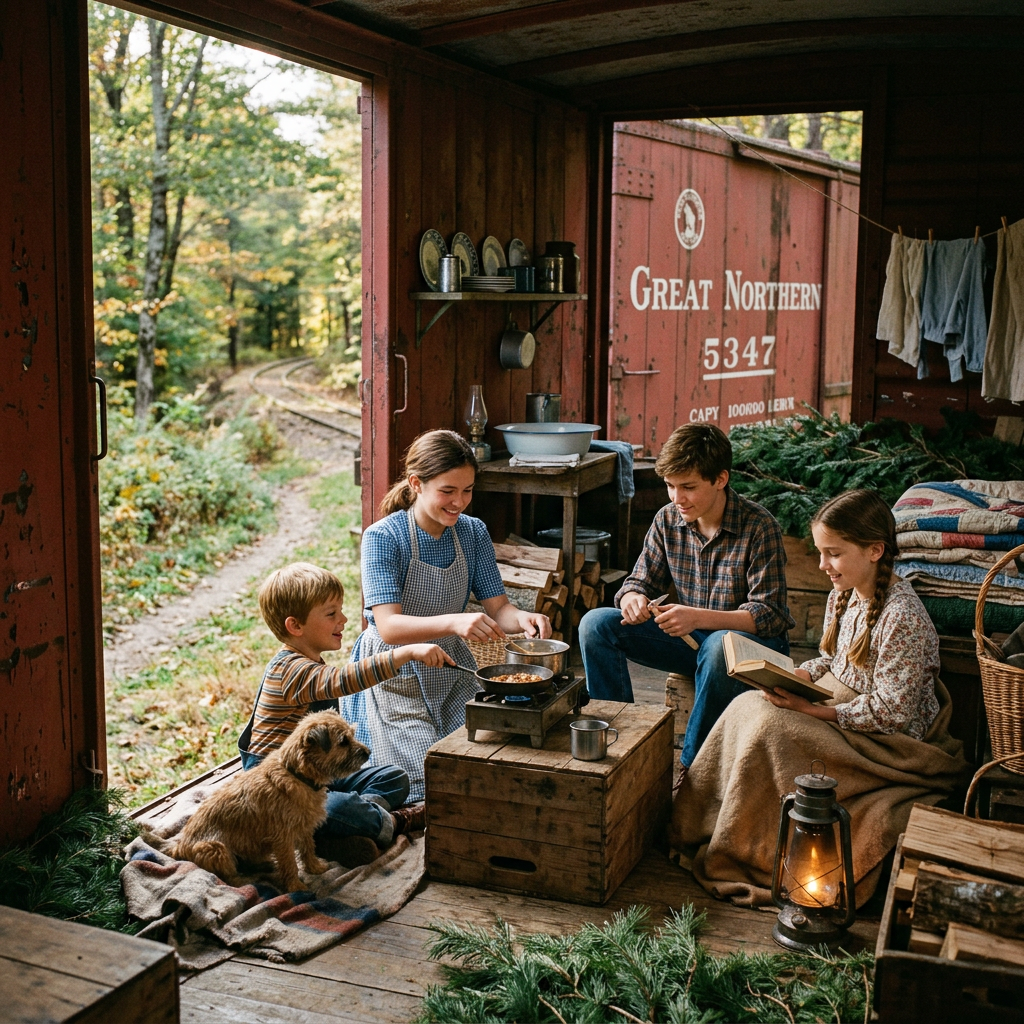 Four children cooking and reading inside a vintage train car with a dog nearby and forest outside