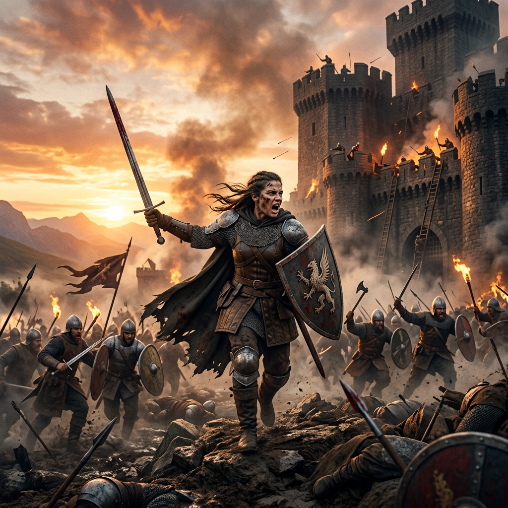 Warrior in armor raising sword and shield leading soldiers attacking burning castle