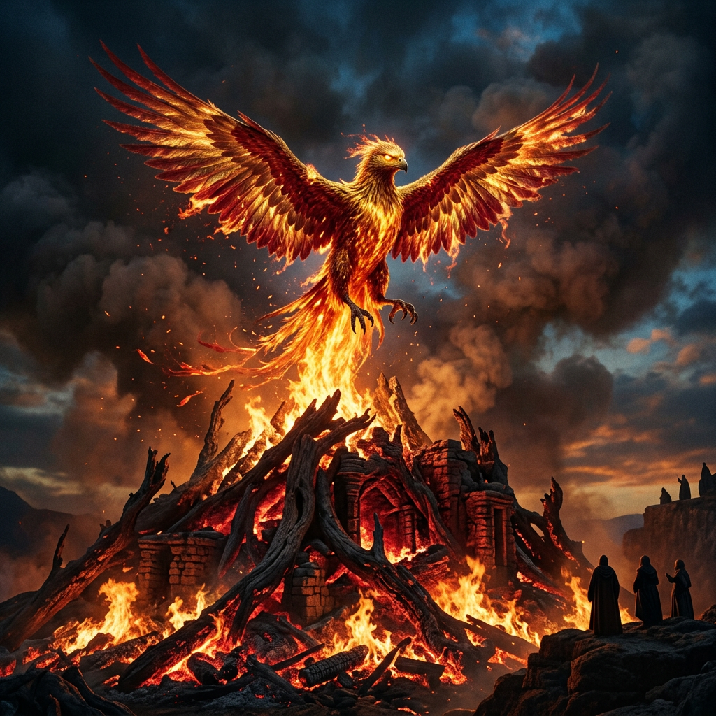 A fiery phoenix with outstretched wings emerging from a large burning pile of wood and ancient ruins at dusk