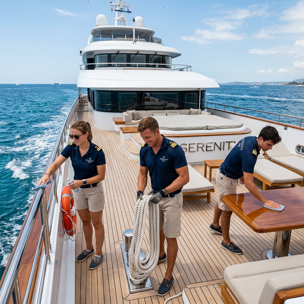 Three yacht crew members cleaning and organizing the deck of a luxury yacht named Serenity on the sea.