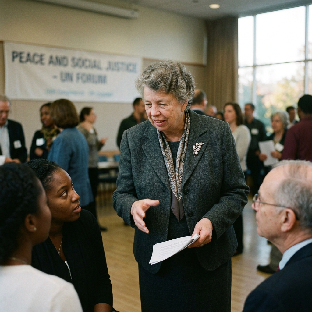 Older woman speaking with a group of diverse attendees at a social justice forum