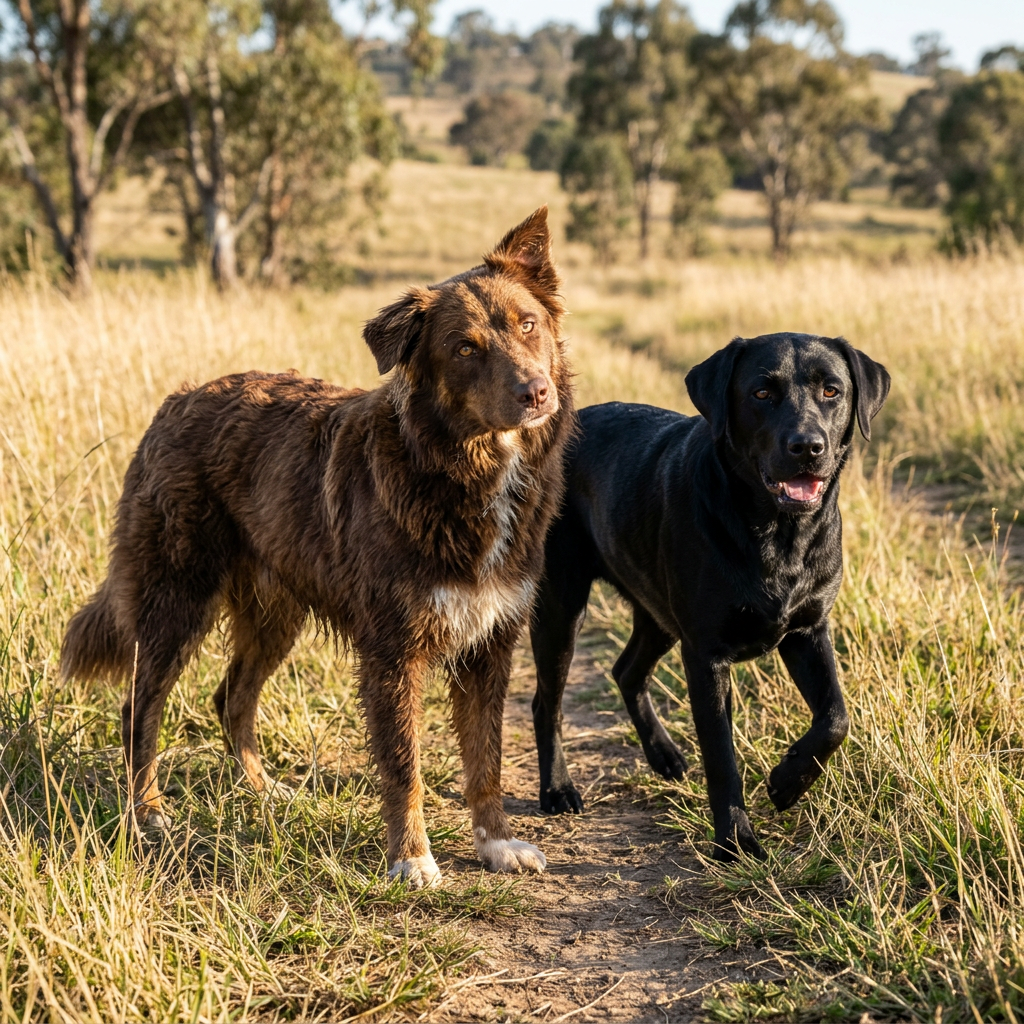 Brown dog with white chest and black dog standing on a dirt trail in grassy field