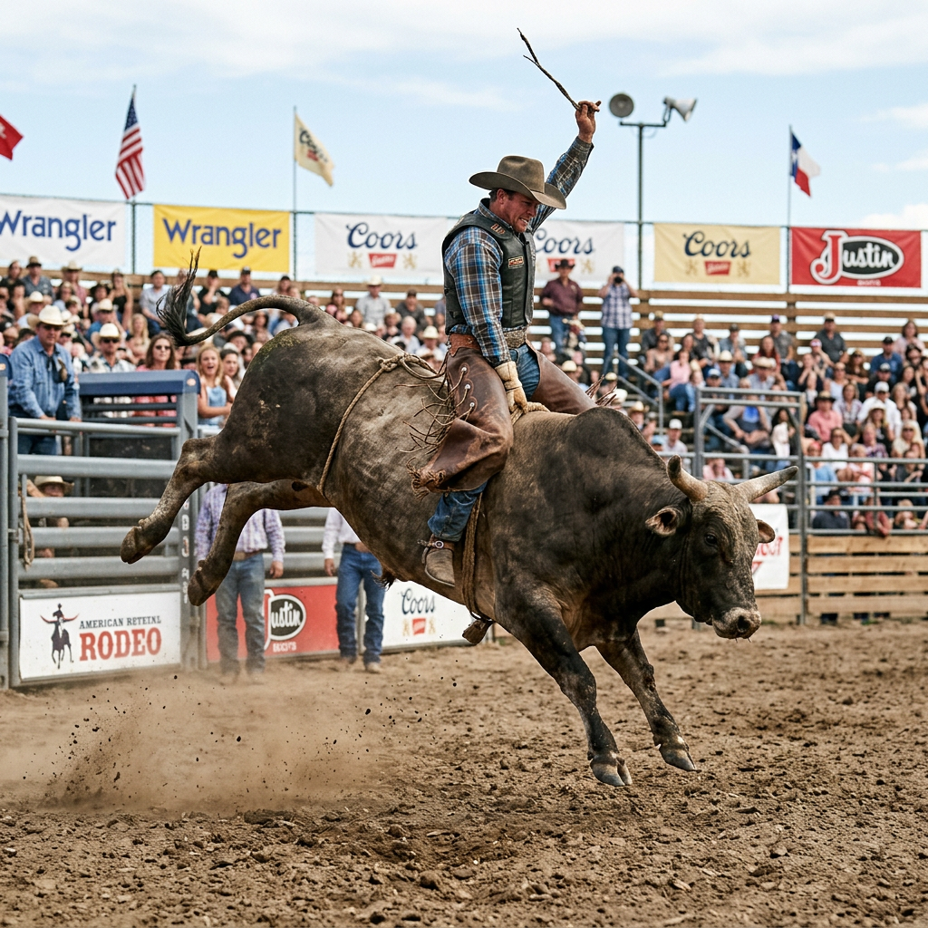 Cowboy riding a bucking bull in a rodeo arena with spectators