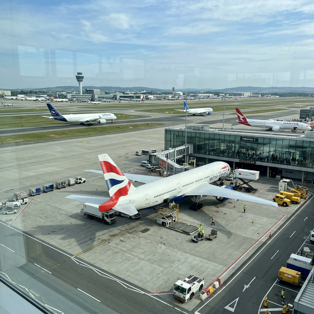British Airways plane parked at Terminal 3 with Qantas and Lufthansa aircraft