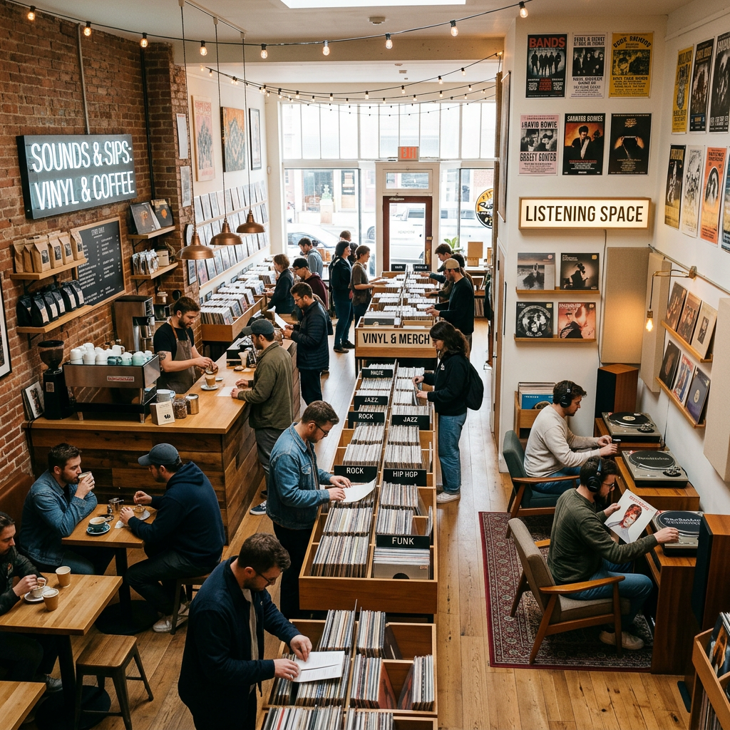 Customers browsing vinyl records and drinking coffee in a listening café