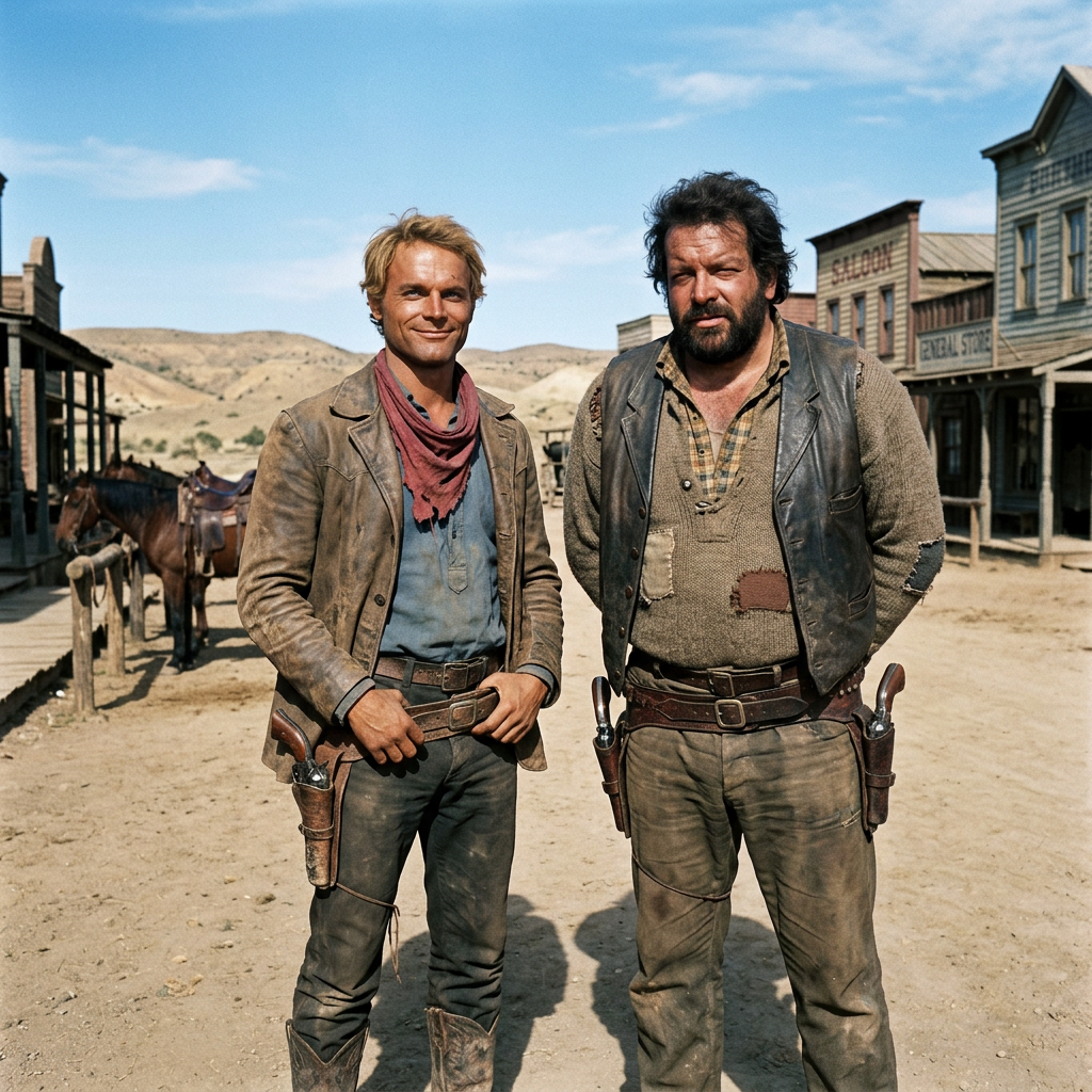 Two cowboys standing in a dusty Western town with horses and desert hills